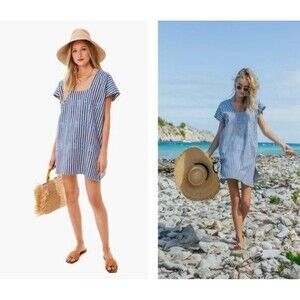 Tuckernuck Blue Stripe Mini Sullivan Embroidered Canvas Caftan Dress Size Small